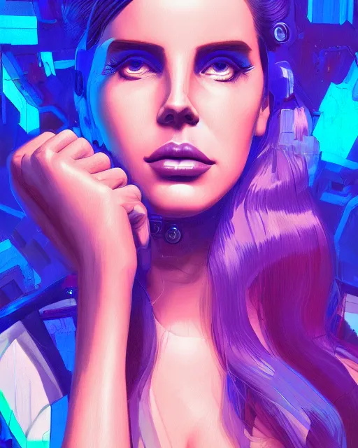 Image similar to portrait of lana del rey as a cyborg. intricate abstract. key art. blue, pink, intricate artwork. by tooth wu, wlop, beeple, dan mumford. 8 k octane render, trending on artstation, greg rutkowski very coherent symmetrical artwork. cinematic, hyperrealism, very detailed, iridescent accents