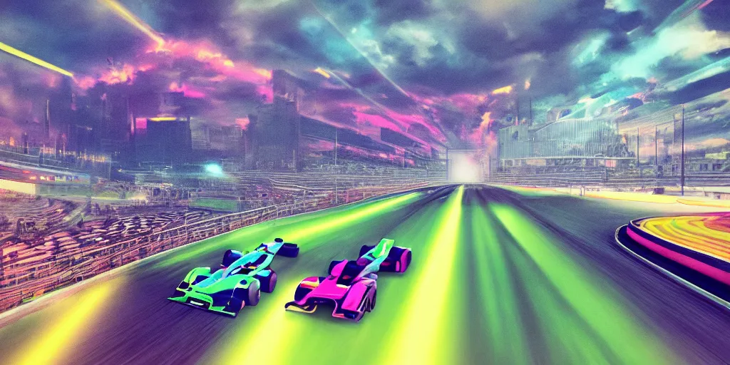 Prompt: [ palate ] [ muted neon colors ] formula one racetrack inside of a mason jar, racetrack preserved inside a glass jar, cars racing on a track inside of a mason jar, award winning composition, vibrant neon nebulous clouds, symmetrical details, hyper - realistic illustration, radiant light rays, photorealistic, intricate and fine details, volumetric lighting,