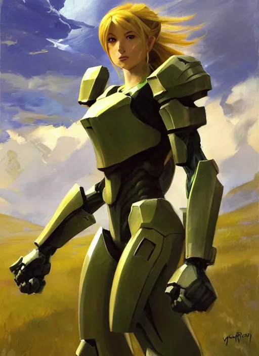 Image similar to Greg Manchess painting of Samus from Metroid Prime wearing Forerunner Armor from Halo, countryside, calm, fantasy character portrait, dynamic pose, above view, sunny day, thunder clouds in the sky, artwork by Jeremy Lipkin and Giuseppe Dangelico Pino and Michael Garmash and Rob Rey, very coherent asymmetrical artwork, sharp edges, perfect face, simple form, 100mm