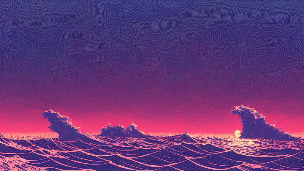 Image similar to highly detailed illustration of high exposure ocean waves at night by makoto shinkai, by nico delort, by dan mumford, by otomo, by kilian eng, by moebius, kodachrome, 4 k resolution