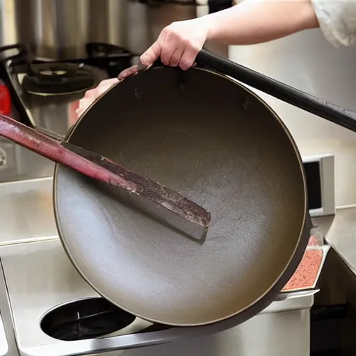 Prompt: a wok made of stretchy plastic that has been stretched out so that it's longer than it is wide