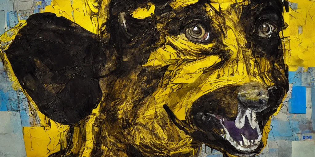 Image similar to rendered in blender scary dog on wired, yellow, blue and black, collage paper and tape, acrylic on canvas, hyperrealism mixed with expressionism, high resolution, cinematic, unreal 6, breathtaking detailed, by blake neubert