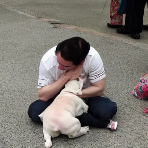 Prompt: tired white pitbull puppy curled up on a japanese man's lap, classic japanese art style