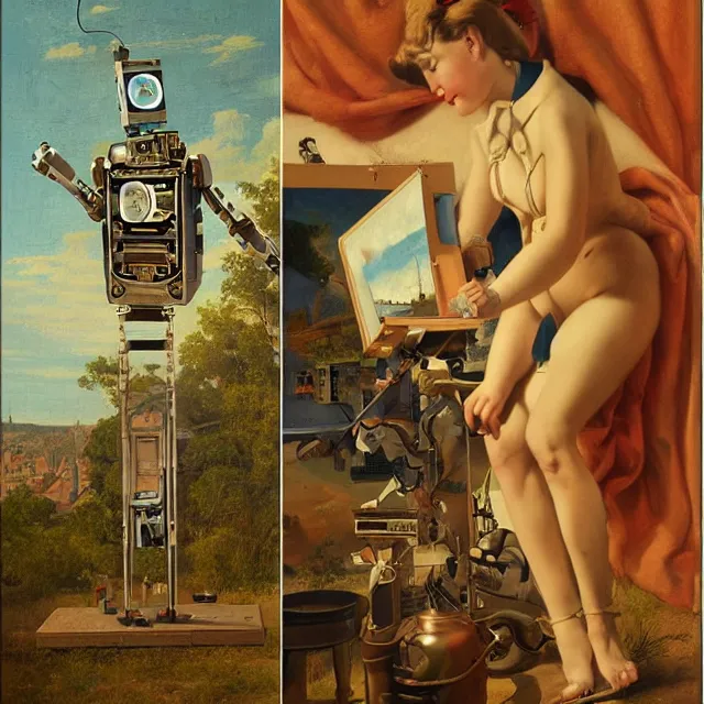 Image similar to robot artist painting a self - portrait on a canvas. intricate, highly detailed, digital matte painting, in the style of hans thoma, and in the style of gil elvgren. irony, recursion, inspiration.