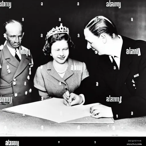 Image similar to 5 0 mm 1 9 4 6 historical photo, of a single german general and a young queen elizabeth signing a peace treaty, a cute corgi watches from above, french village interior, highly detailed, sharp focus, symmetrical face