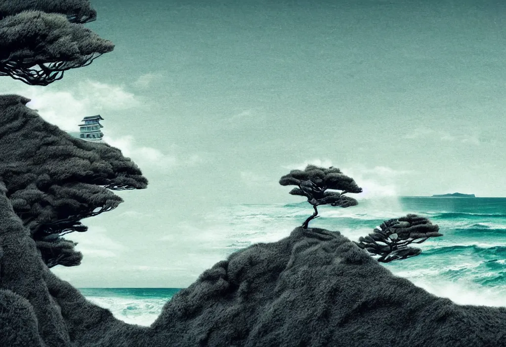 Prompt: low angle landscape seaside windswept trees on a hill overlook ocean waves crashing against rocks cliffs, tourist foreground, rural japan, a collage painting, in the style of wes anderson, lola dupre, david hockney, isolated on negative white space background dark monochrome fluorescent neon spraypaint accents volumetric octane render