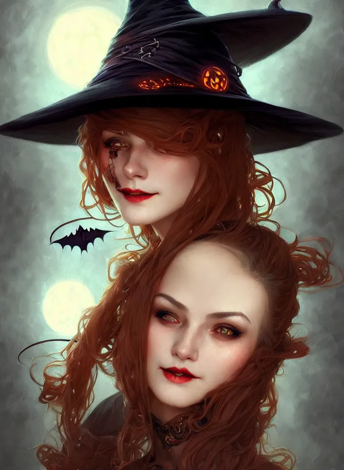 Image similar to halloween witch woman in a hat smiles, fantasy magic, undercut hairstyle, dark light night, intricate, elegant, sharp focus, illustration, highly detailed, digital painting, concept art, matte, art by wlop and artgerm and greg rutkowski and alphonse mucha, masterpiece