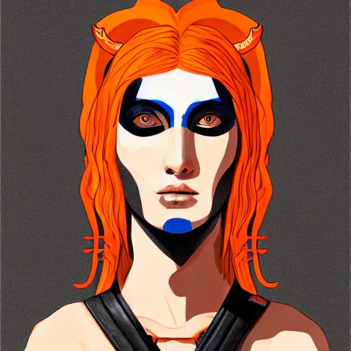 Image similar to illustrated portrait of skinny prominently ram-horned woman with solid black eyes orange skin and blue hair wearing leather armor, hyper detailed, photorealistic