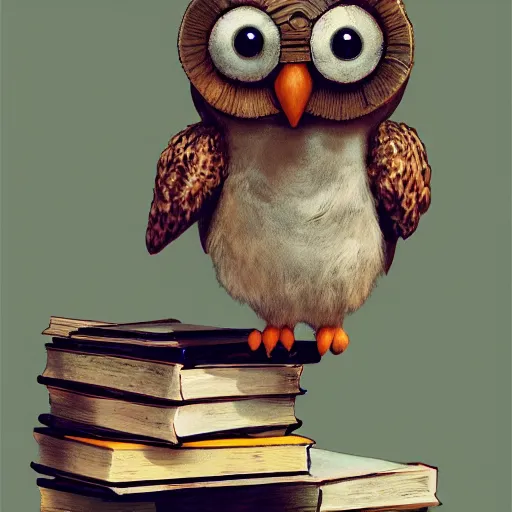 Image similar to long shot of a very cute plushy owl with sleepy eyes sitting on a pile of antique books, by esao andrews, by james jean, humorous illustration, hyperrealistic, big depth of field, fresh colors, dim light, 3 d octane render conceptart, 4 k, hyperdetailed, trending on artstation