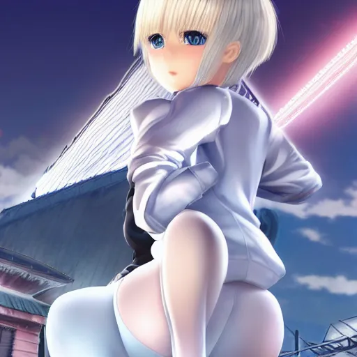 Image similar to aristocratic platinum - blonde - haired bob cut blue - eyed princess wearing white leggings and black jacket, standing next to communist monument, anime, hd anime wallpaper, hyperrealistic lighting, octane render, drawn by artgerm