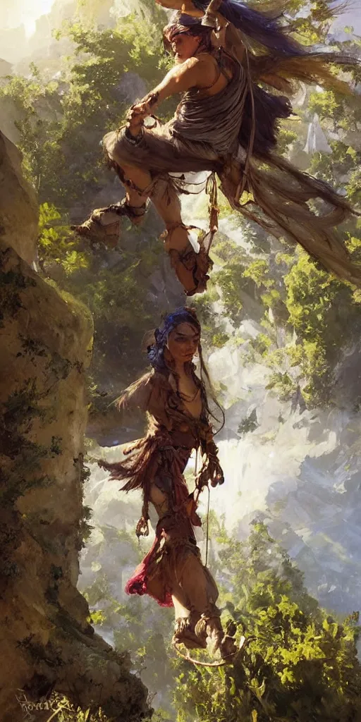 Image similar to oil art of young roma mage adventurer climbing down a cliffside in style of disco elysium character, gipsy jester character design from ravenloft, art by anders zorn, wonderful masterpiece by greg rutkowski, beautiful cinematic light, american romanticism by greg manchess, jessica rossier