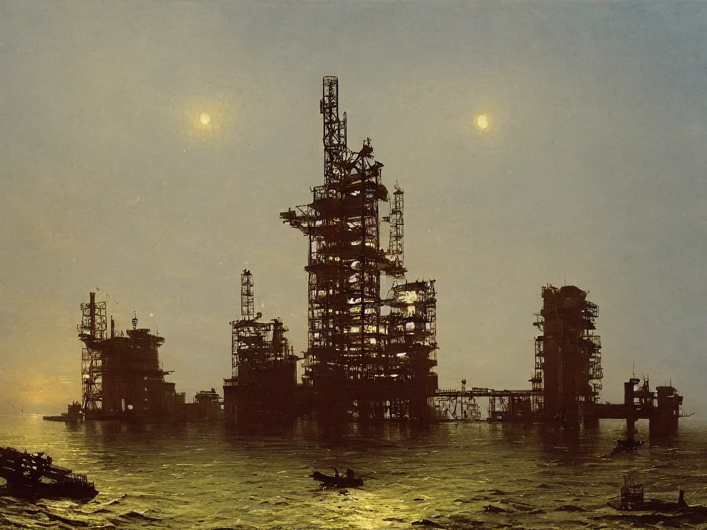 Image similar to an oil platform, by carl spitzweg