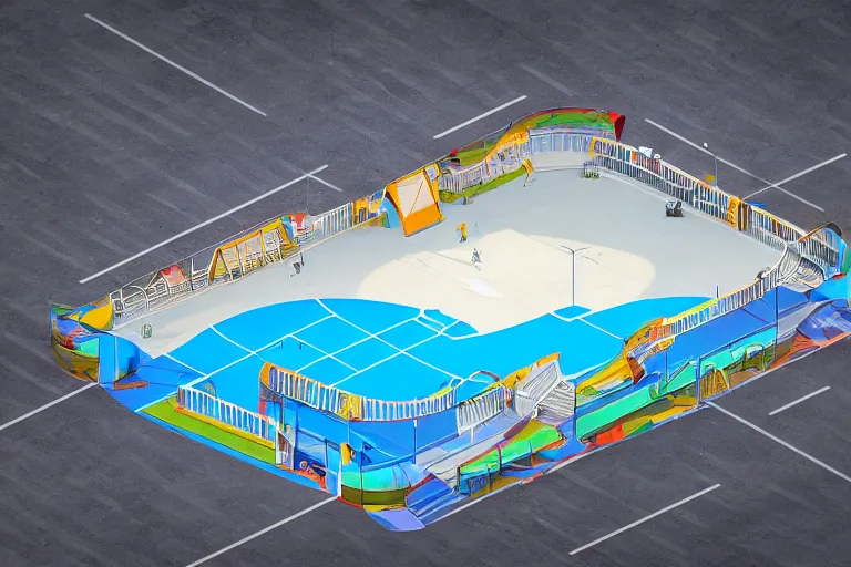 Prompt: isometric view of a high - tech sky arena inspired by modern skate parks and modern chinese playgrounds on nintendo switch, wide angle, cinematographic shot, day