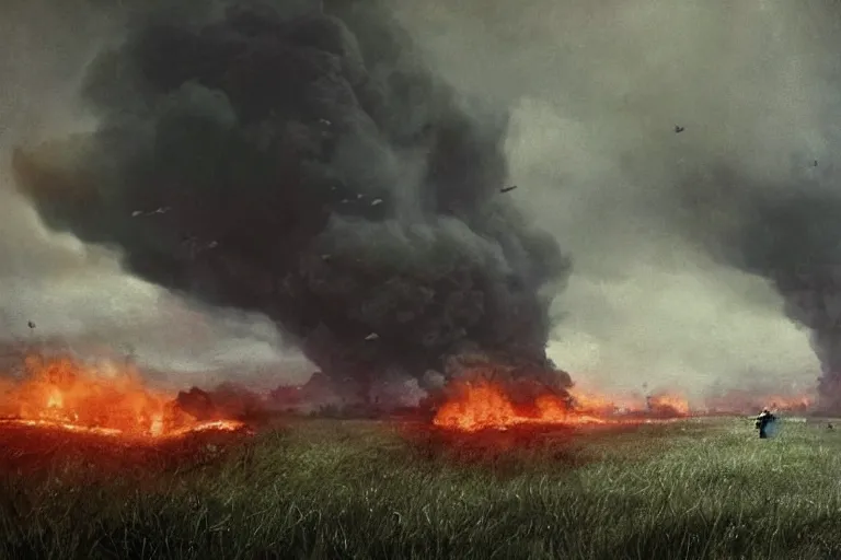 Image similar to chaotic battlefield, multiple soldiers on the ground!, thick dark smoke!, vehicles on fire, heavy rain from thick clouds, storm, overgrowth, (mushroom cloud) in the background, bleak, melancholy atmosphere, band of brothers, bf1942, 4k artwork by Gregory Crewdson and Grzegorz Domaradzki and Ivan Shishkin and Jakub Rozalski