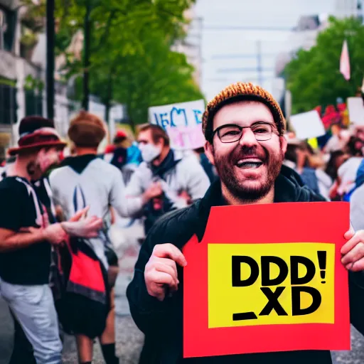 Image similar to photograph of smiling man holding a protest sign saying'xd ', high detail, 8 k resolution