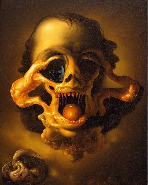 Image similar to refined gorgeous blended oil painting with black background by christian rex van minnen rachel ruysch dali todd schorr of a chiaroscuro portrait of an extremely bizarre disturbing man with shiny skin chrome surfaces dutch golden age vanitas intense chiaroscuro cast shadows obscuring features dramatic lighting perfect composition masterpiece