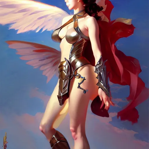 Image similar to greg manchess painting of anime woman in armor, long wings, soft lighting, trending on artstation, by huang guangjian and gil elvgren and krenzcushart