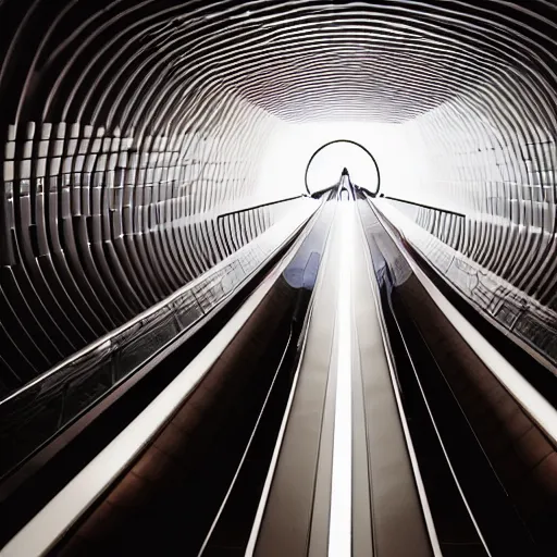 Prompt: approaching futuristic escalator inside white backlit tube with streaming beams of light, scintillating, movement, in the style of james turrell, 8 k, highly detailed, professional photograph, epic composition, modern details