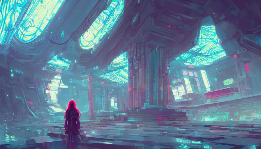 Image similar to a digital painting of a woman exploring a temple, cyberpunk art by james jean, cgsociety, retrofuturism, anime aesthetic, chromatic, iridescent