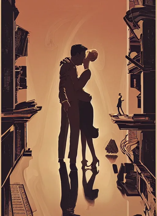 Image similar to poster artwork by Michael Whelan and Tomer Hanuka, Karol Bak of Naomi Watts & Jon Hamm husband & wife portrait, in the pose of Theory of Everything poster, from scene from Twin Peaks, clean, simple illustration, nostalgic, domestic, full of details