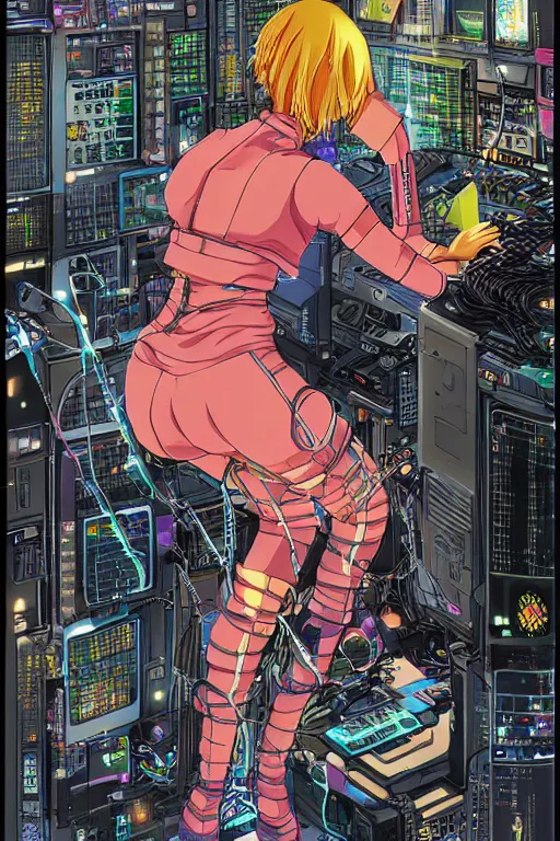 Image similar to awe inspiring cyberpunk anime style illustration of a. female android seated on the floor in a tech labor, seen from the side with her back open showing a cables and wires coming out, by masamune shirow and katsuhiro otomo, japan, 1980s, dark, colorful