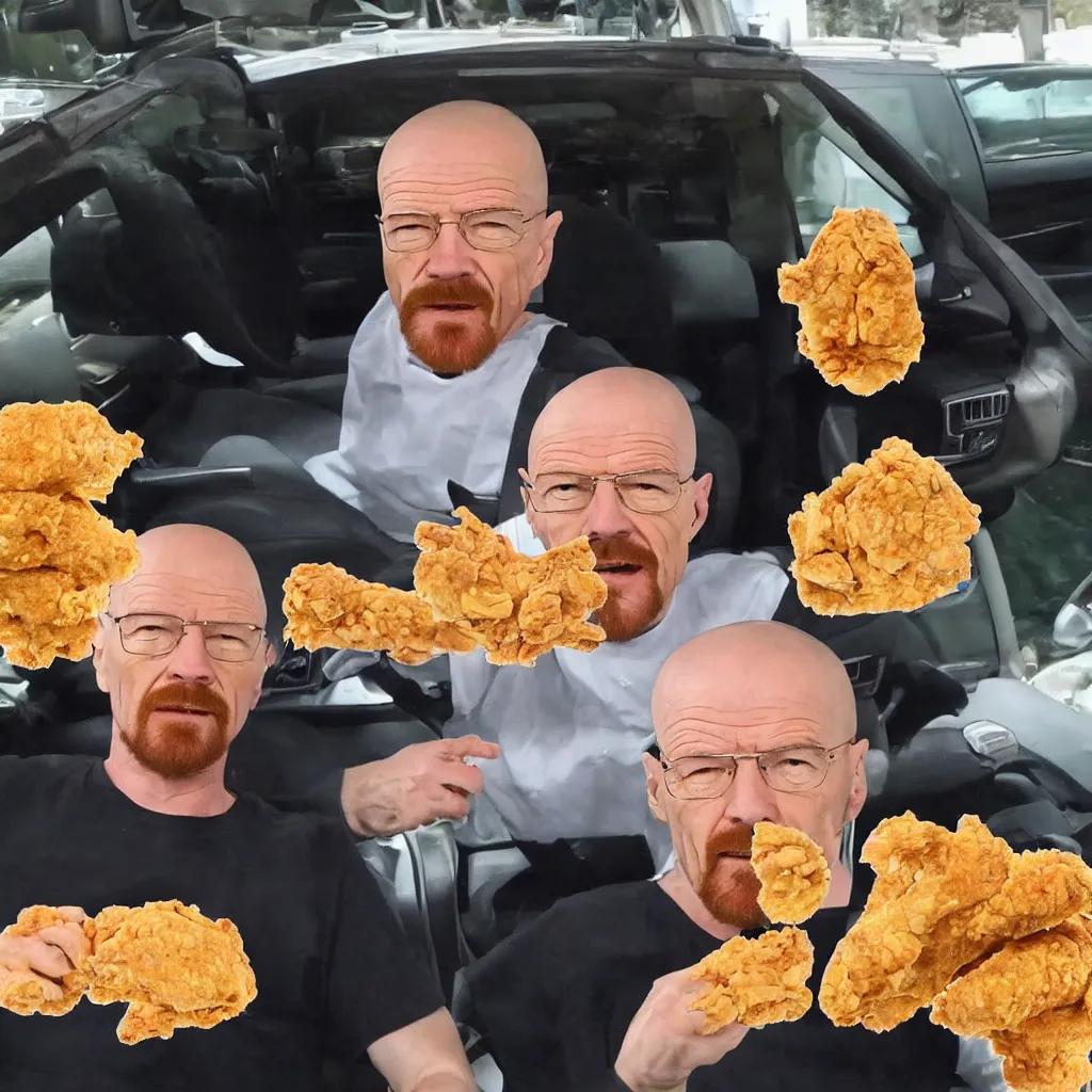 Image similar to photo of walter white sitting in a car, surprised soyjak face, surrounded by fried chicken, mukbang video, youtube video, soyface!!!, hd