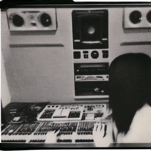 Image similar to 1 9 7 0 s polaroid of a female japanese musician playing a vintage modular synthesizer, hazy, faded