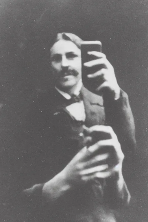 Prompt: 1 9 0 0 s photo of a person taking a selfie with an iphone photo grain double scratches dust exposure masterpiece