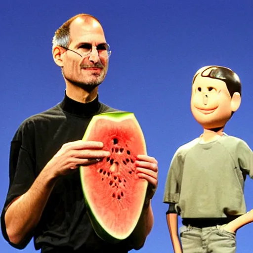 Image similar to steve jobs presenting a watermelon with a propeller