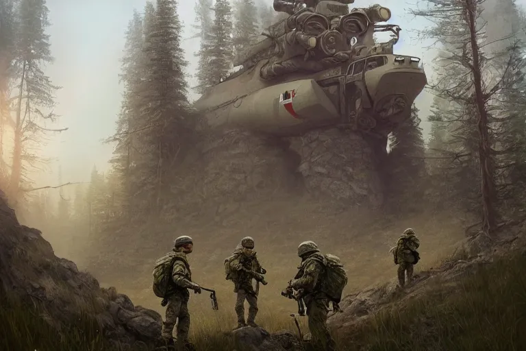 Image similar to a beautiful matte painting of a polish grom soldiers simon stalenhag and alan bean, trending on artstation, realistic rendering