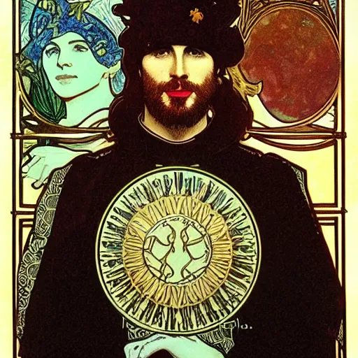 Image similar to chris evans portrait by louis - theophile hingre and alphonse mucha, realistic, sharp focus, zodiac signs, tarot cards, planets, ethereal, art nouveau, magic, moon, sun, crown, dreamy, royal, jewellery