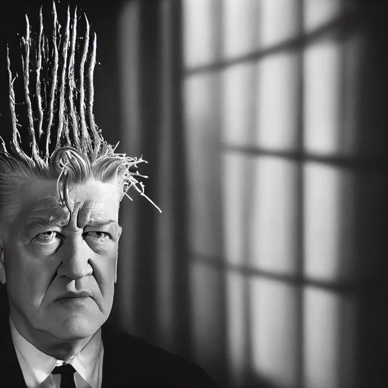 Image similar to david lynch as pinhead, movie still, 8 k, hdr, atmospheric lighting