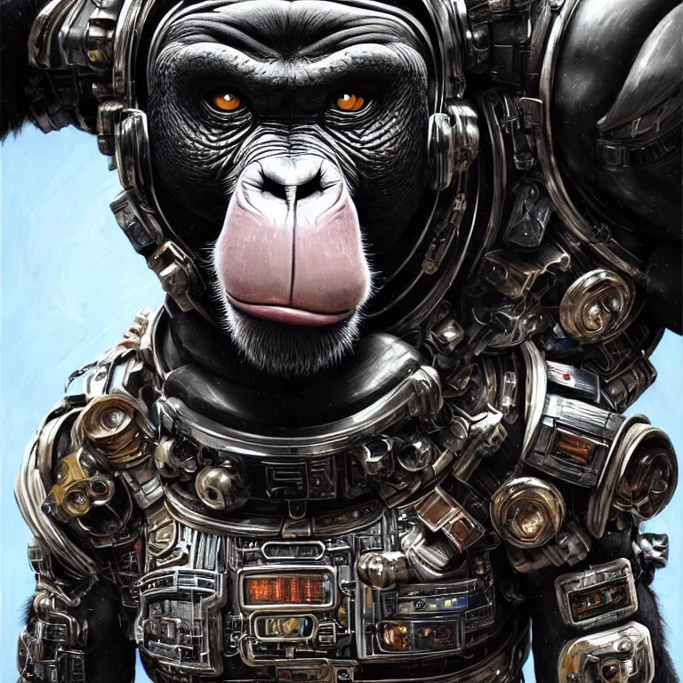 Image similar to a portrait of a muscular anthropomorphic cyberpunk chimp in spacesuit armor with ensignia on chest plate by sandra chevrier, by jon foster, detailed render, post - processing, extremely hyperdetailed, intricate, epic composition, cybernetics, 4 k realistic, cryengine, realistic shaded lighting, sharp focus, masterpiece, by enki bilal