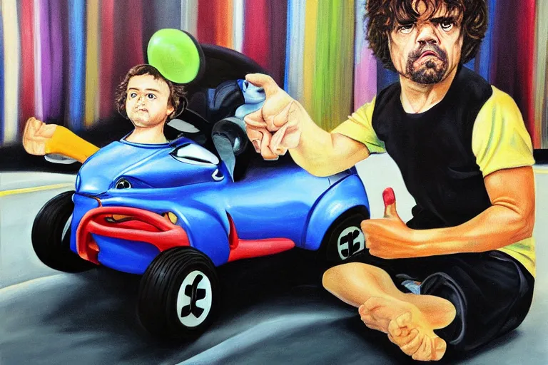 Image similar to black velvet painting of peter dinklage driving a little tikes crazy coupe