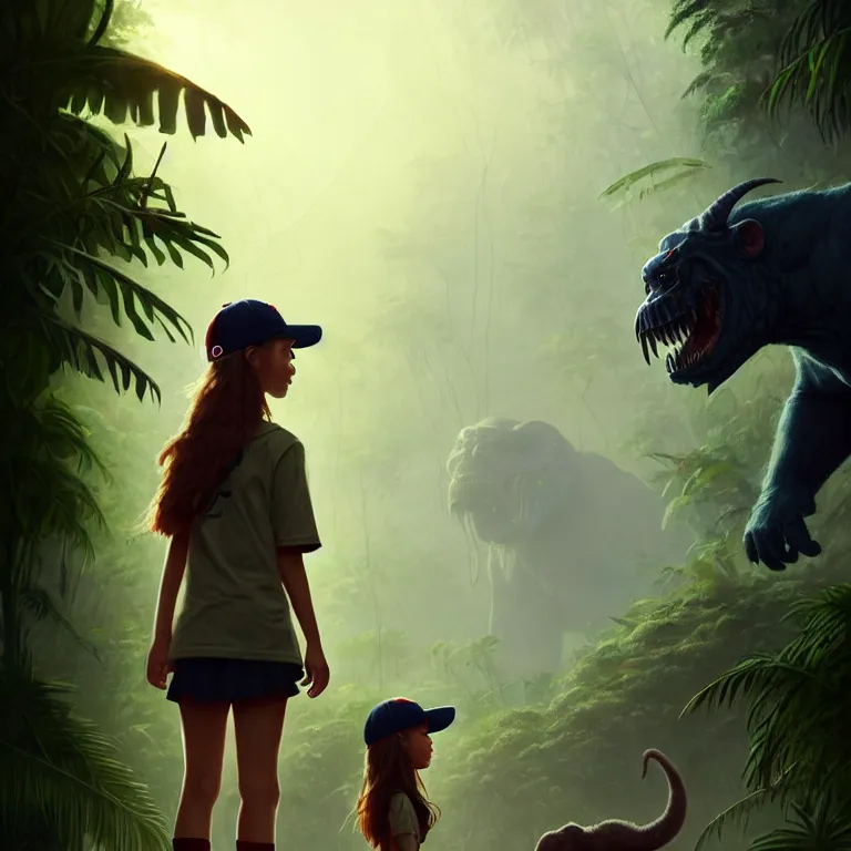 Prompt: cute young girl, wearing baseball cap, lonely, jungle clothing, standing next to a towering demonic beast, jungle setting, bokeh, sharp focus, character art, illustration, digital painting, trending on artstation, greg rutkowski.