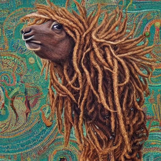 Image similar to llama with dreadlocks, by mandy jurgens, ernst haeckel, el anatsui