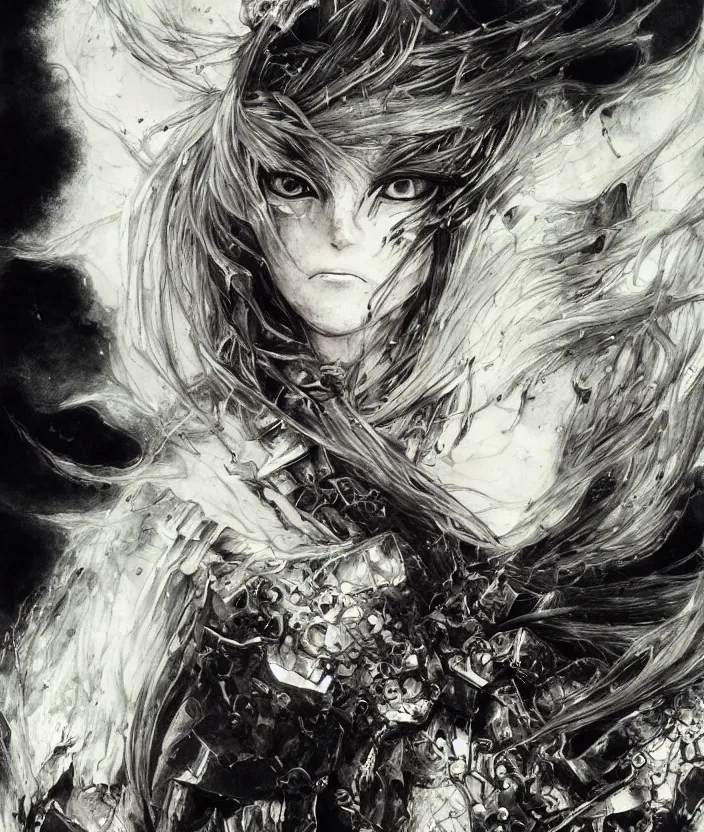 Image similar to Yoshitaka Amano realistic illustration of an anime girl with wavy white hair and cracks on her face wearing dark souls armour with the cape fluttering in the wind, abstract black and white patterns on the background, noisy film grain effect, highly detailed, Renaissance oil painting, weird portrait angle