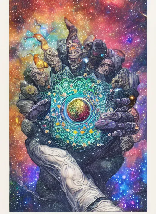 Image similar to high intricate colored ink drawing of the sandman holding a glimmering galaxy, full shot, neil gaiman, maria panfilova, andrea savchenko, mike kime, ludovic plouffe, qi sheng luo, oliver cook, julian calle, eddie mendoza, trending on artstation