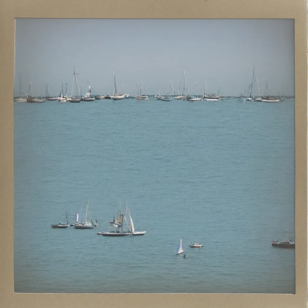 Image similar to a pastel colour high fidelity wide angle polaroid art photo from a holiday album at a seaside with sail boats, nostalgic