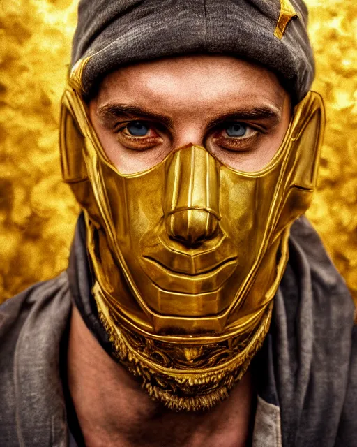 Image similar to watercolor painting portrait of man with a golden mask, photorealistic, shaded, cinematic lighting, high production value, intricate details, high resolution, hdr, high definition, masterpiece, realistic, ultrarealistic, highly detailed, hd, sharp focus, non blurry, sharp, smooth