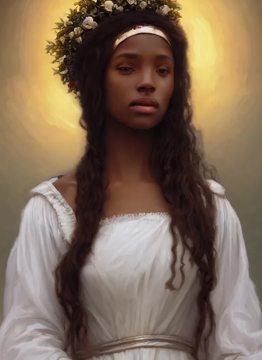 Image similar to oil painting close up portrait of a contemplative young black celtic woman with long dark flowing hair in a white dress, wearing a crown of white roses!! at sunset, hazy, digital art, chiaroscuro, artstation, cinematic, golden hour, digital art painting by greg rutkowski, william - adolphe bouguereau, hazy atmosphere, cinematic lighting