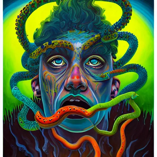 Image similar to a painting of a psychedelic shaman with snakes coming out of his mouth, a surrealist painting, polycount, behance, surrealism, surrealist, lovecraftian, cosmic horror, grotesque