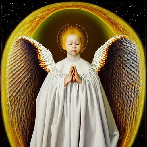 Image similar to highdetailed hyperrealistic painting of white angel!!! no gender!!!, giant ball of miracle light from the chest!!!!!, white sparkles everywhere, lot of fire and stars overhead!!!, by jan van eyck, holography space, glow effect, large strokes, soft and clean, white monochrome color