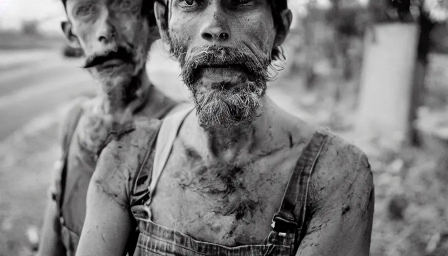 Prompt: far view, extremely skinny malnourished mario and luigi with long beard, wearing dirty overalls, dirty greasy face, grin, portrait, close up, kodak gold 2 0 0, 5 0 mm,