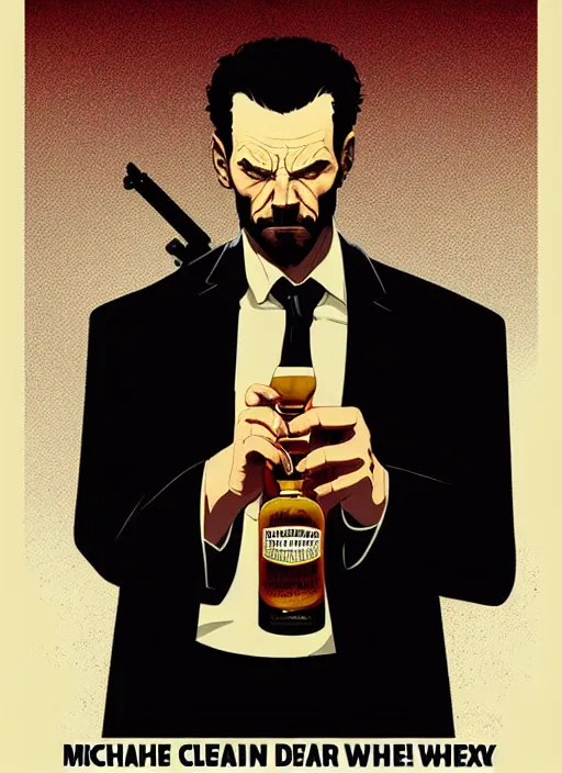 Prompt: poster artwork by Michael Whelan and Tomer Hanuka, a portrait of Max Payne drinking whisky, clean