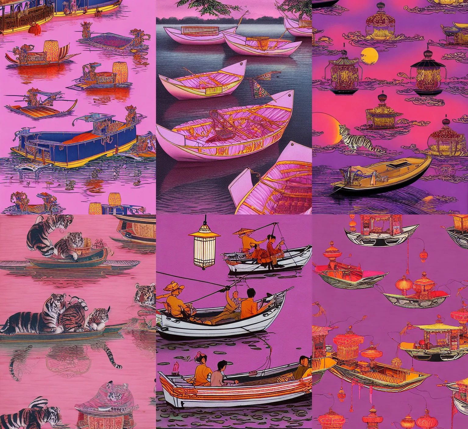 Prompt: tiger retro boats on river asian lanterns pink hues, surrealism, ornate, oriental