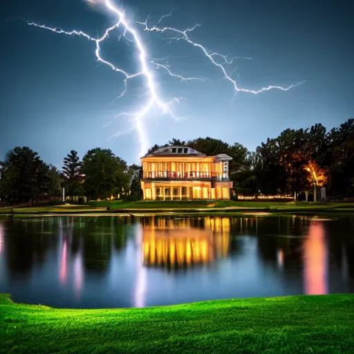 Image similar to a gatsby mansion on the lakefront at night, dynamic lightning, natural lighting, 8k, photo