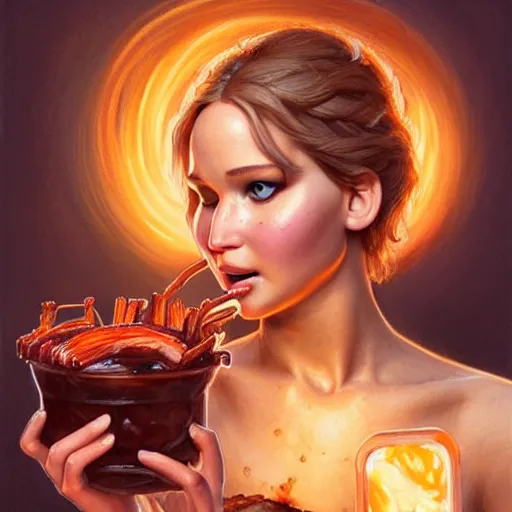 Prompt: Jennifer Lawrence Eating BBQ Ribs, dripping BBQ Sauce, D&D, fantasy, intricate, elegant, highly detailed, digital painting, artstation, concept art, matte, sharp focus, illustration, hearthstone, art by Artgerm and Greg Rutkowski and Alphonse Mucha