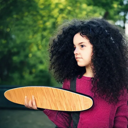 Image similar to a girl with curly black hair holding a skateboard, Backlighting