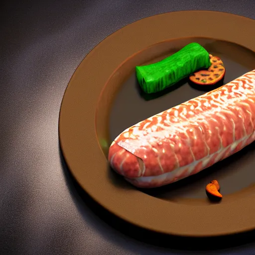 Image similar to realistic 3 d unreal engine render of a half fish half sausage alone on a plate, fish fins on a sausage